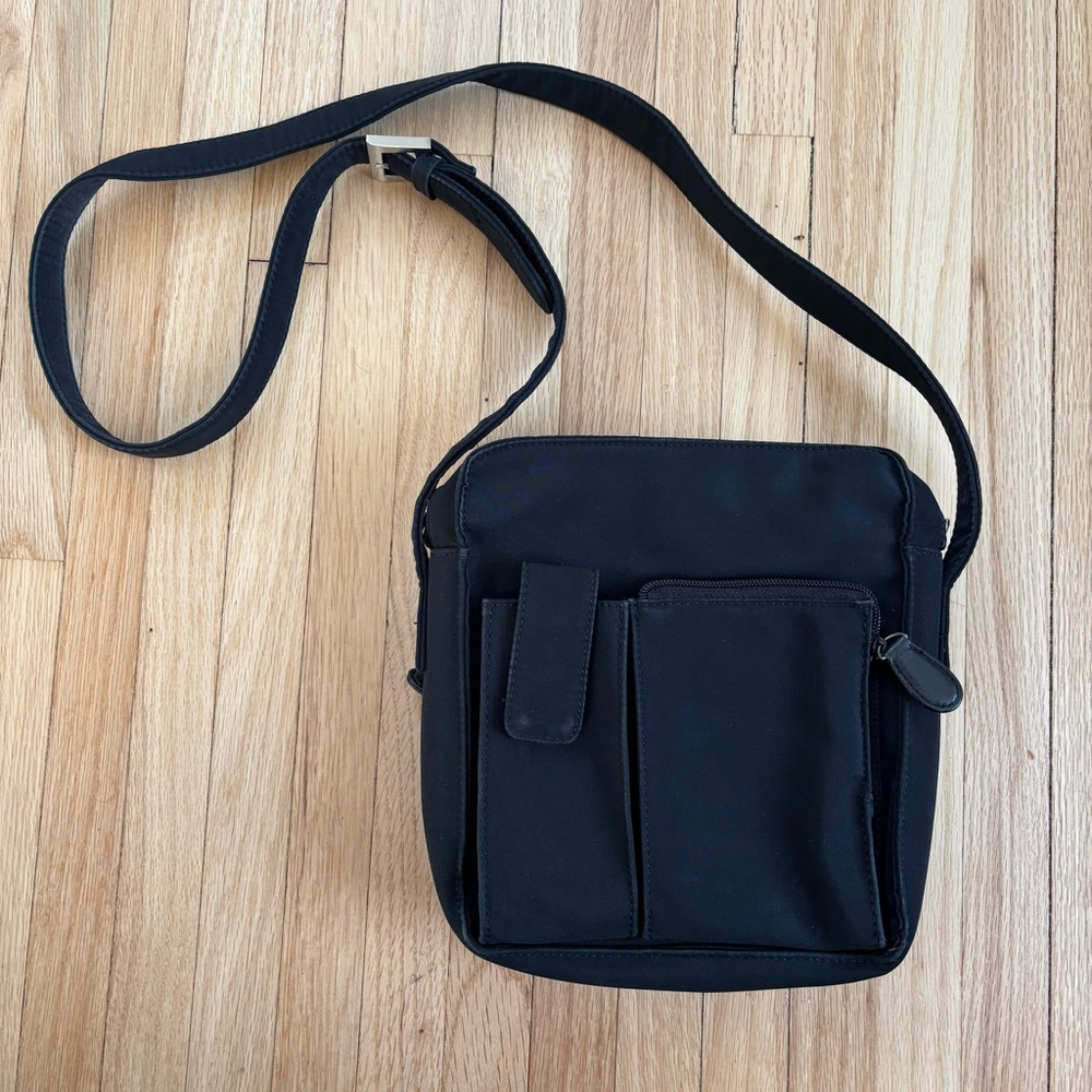 Black crossbody travel purse, thick material